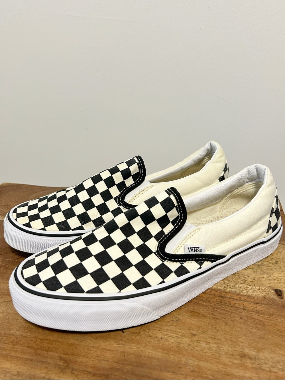 Vans Classic Slip-On Checkerboard Shoe Black White Cream Men’s 9.5 Women’s 11